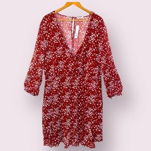 3X women's dress red Floral Shimmer v-neck cinched waist long sleeves